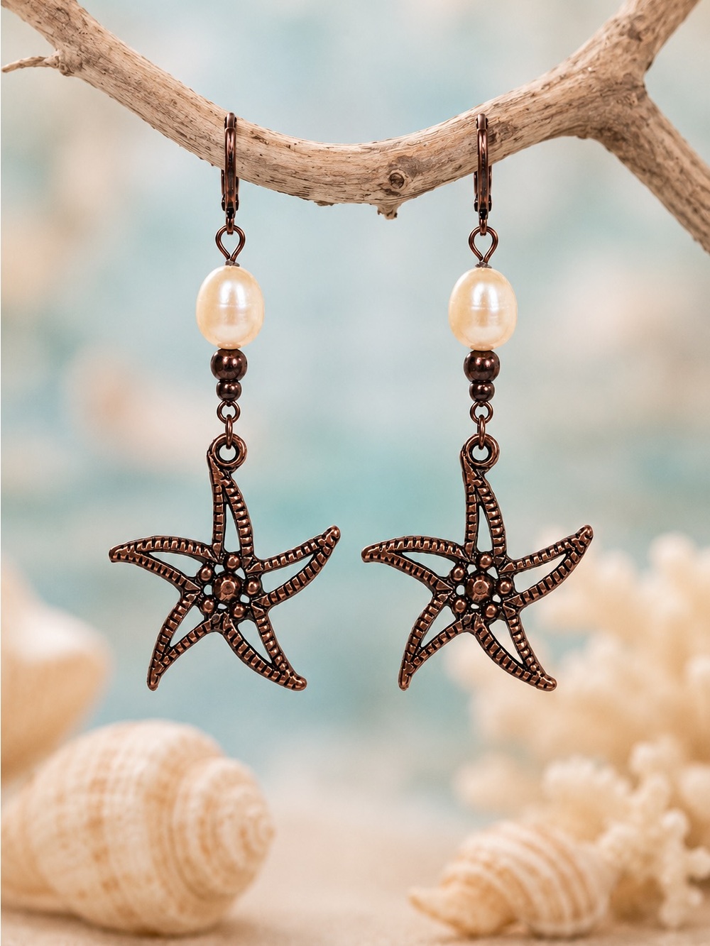 Freshwater Pearl Dangle Antique Copper Starfish Earrings, Coastal Boho